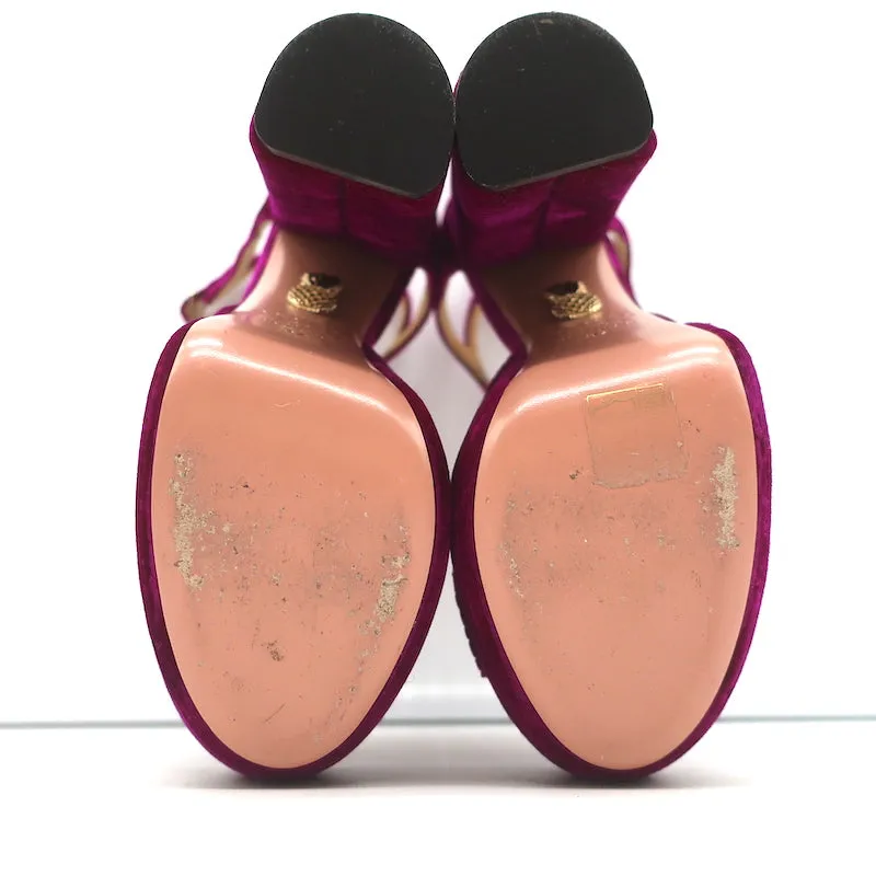 Aquazzura Ava Platform Sandals Magenta Ribbed Velvet Size 37 Ankle Strap Heels