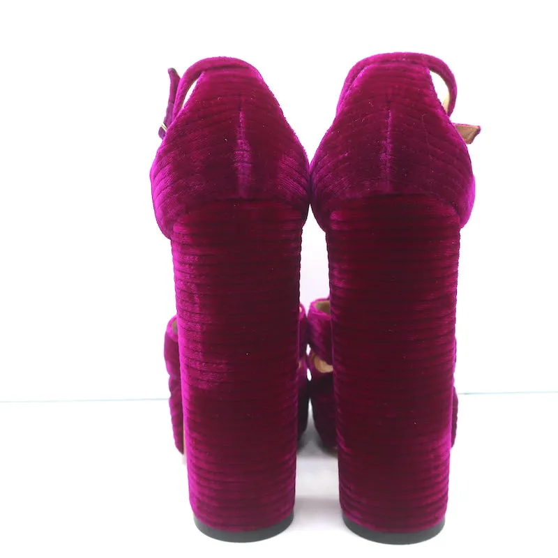 Aquazzura Ava Platform Sandals Magenta Ribbed Velvet Size 37 Ankle Strap Heels
