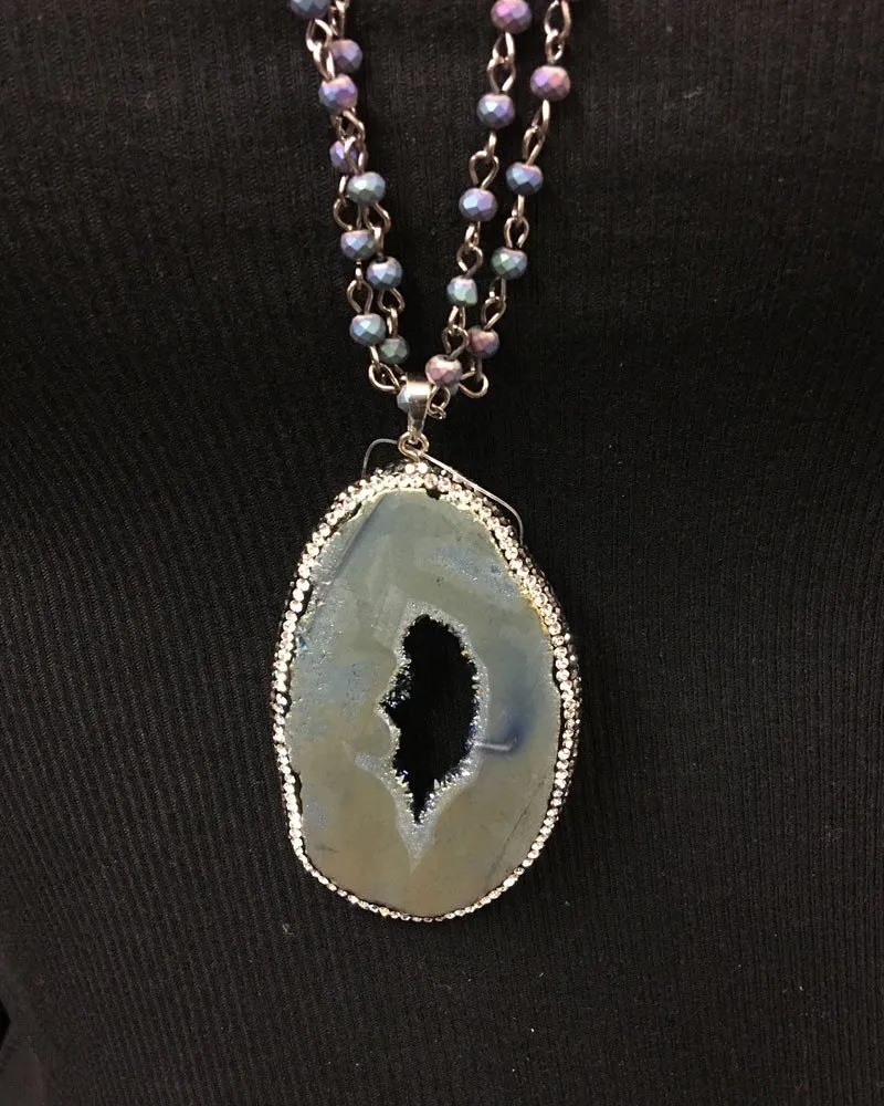 Blue Gold Titanium Druzy Necklace with blue titanium beads