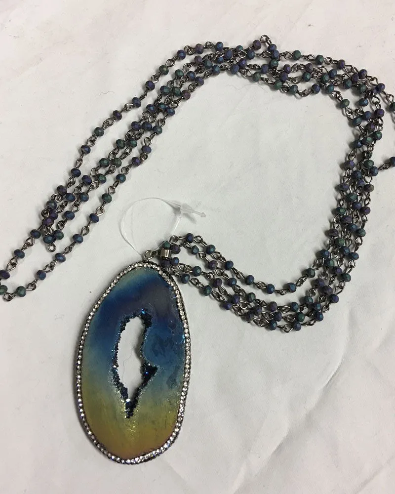 Blue Gold Titanium Druzy Necklace with blue titanium beads