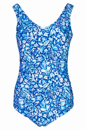 Boyleg Swimsuit | Blue Leaf on Navy | 0702A1