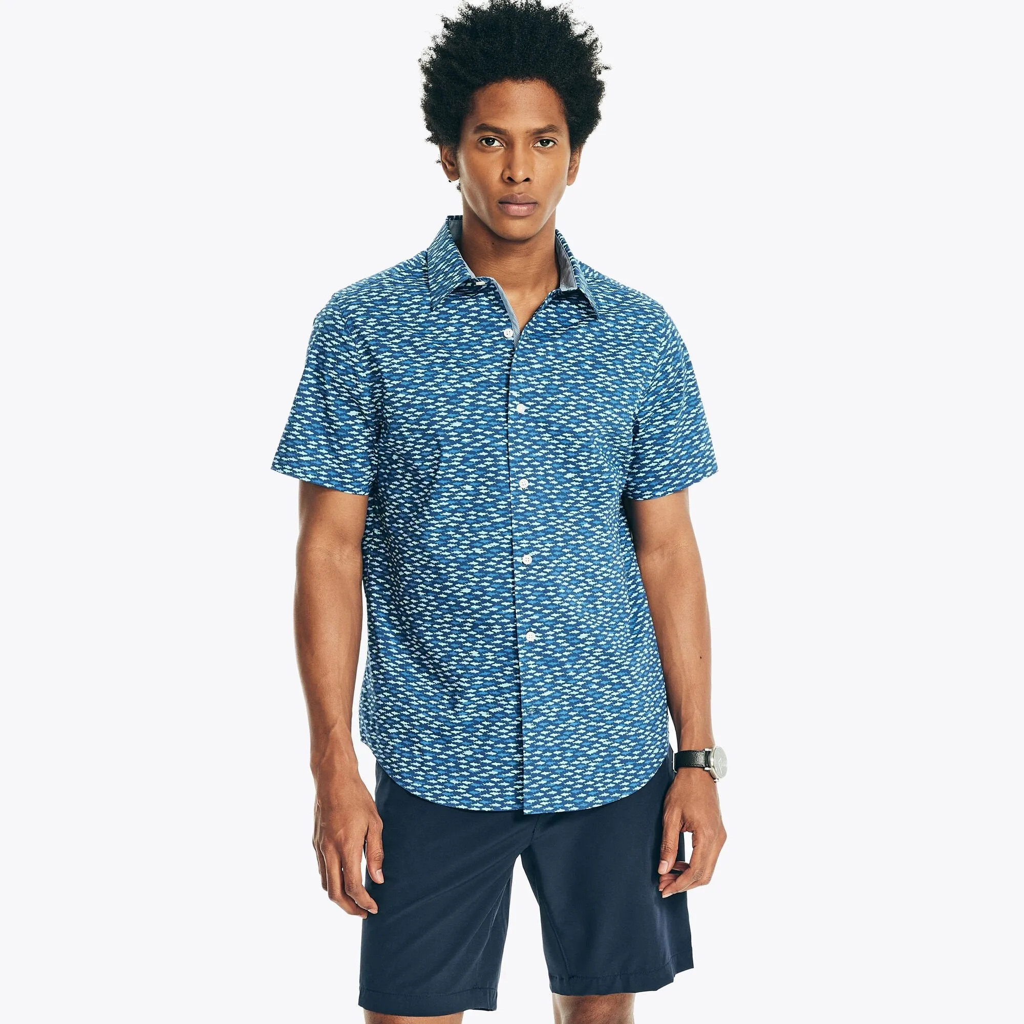 Nautica Men's Navtech Trim Fit Shark Print Short-Sleeve Shirt Estate Blue Nautica