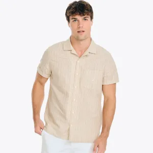 Nautica Men's Striped Linen Short-Sleeve Shirt Dark Brown Nautica