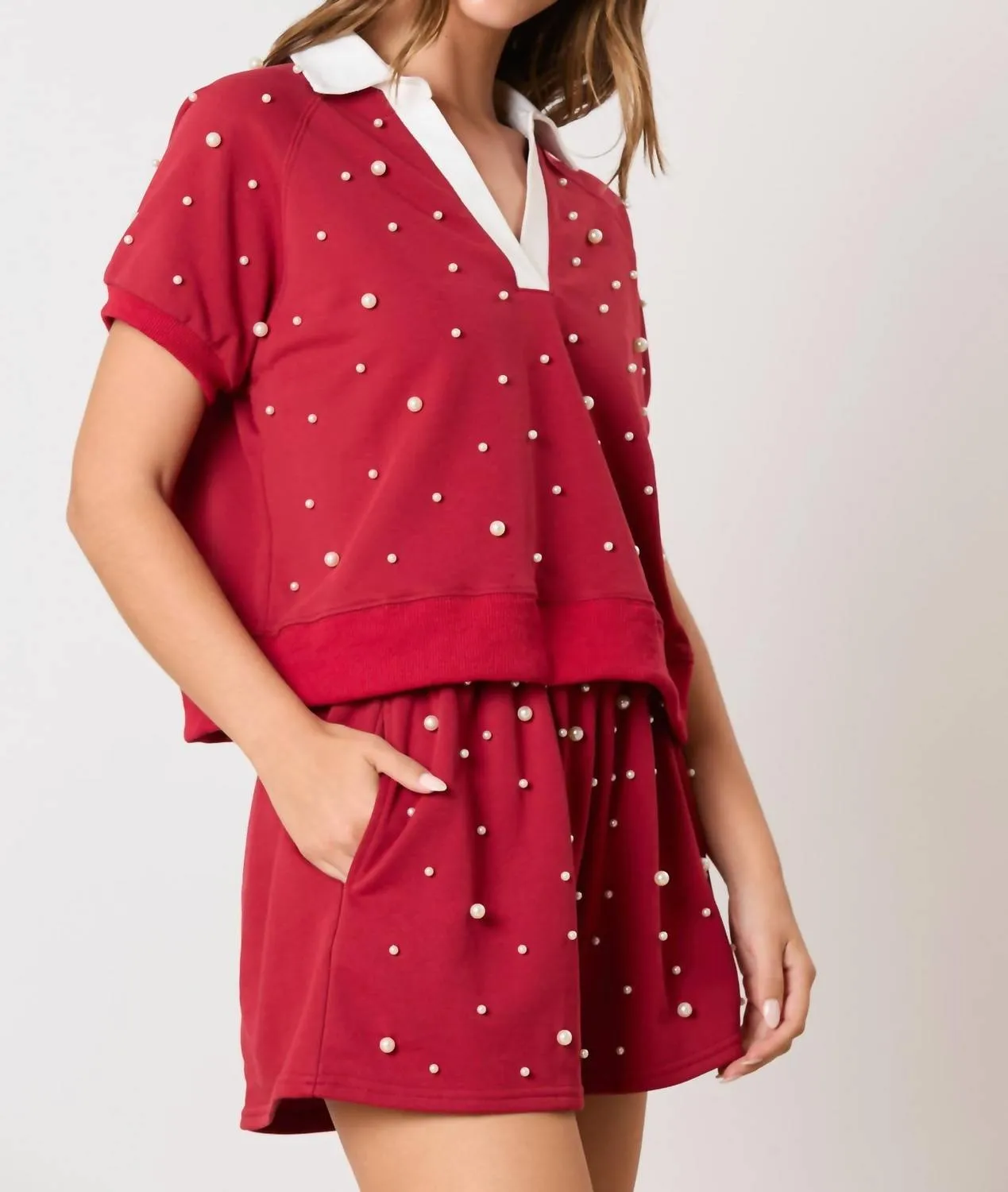 Pearl Embellished Shorts Set In Red