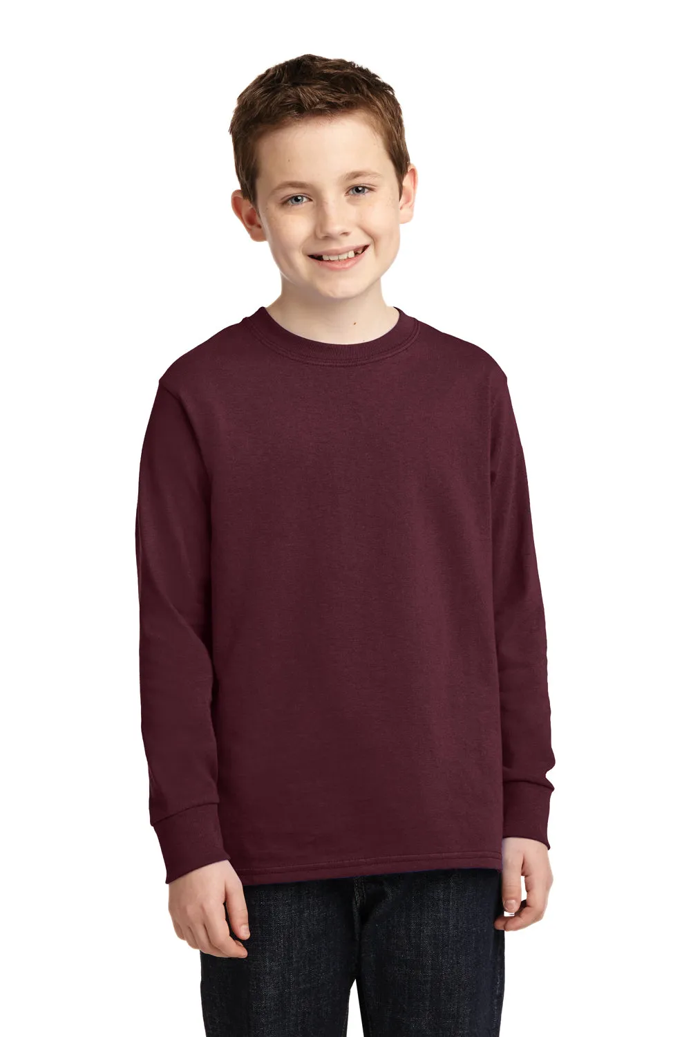Port & Company Youth Core Long Sleeve Crewneck T-Shirt - Athletic Maroon