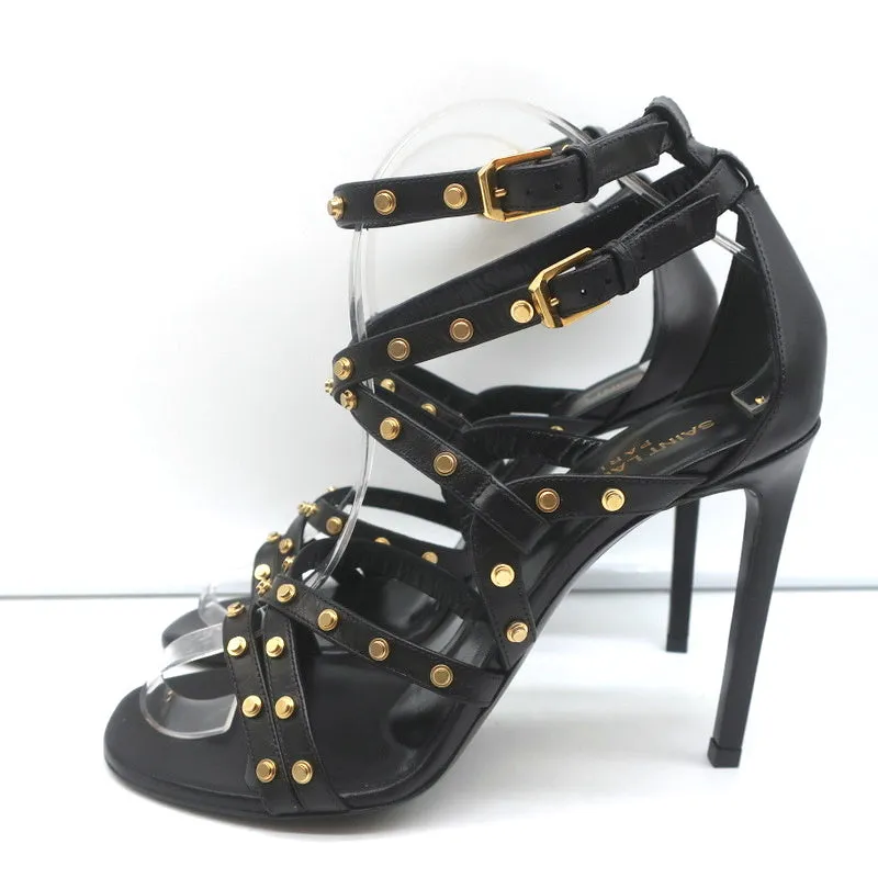 Saint Laurent Studded Sandals Jerry Black Leather Size 39 Strappy Heels NEW