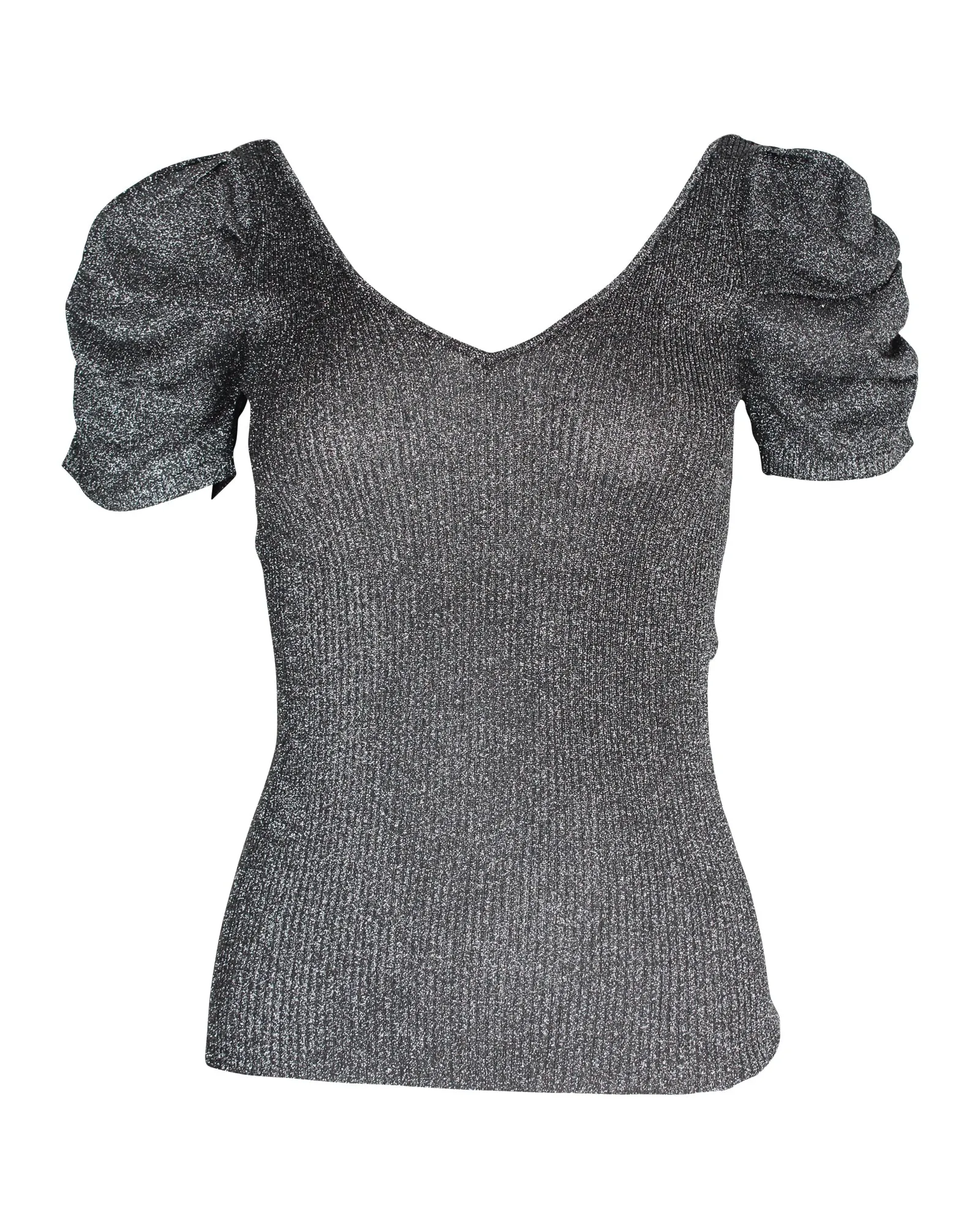 Sandro Metallic Puffed-Sleeved Stretch-Knit Top In Silver Polyester
