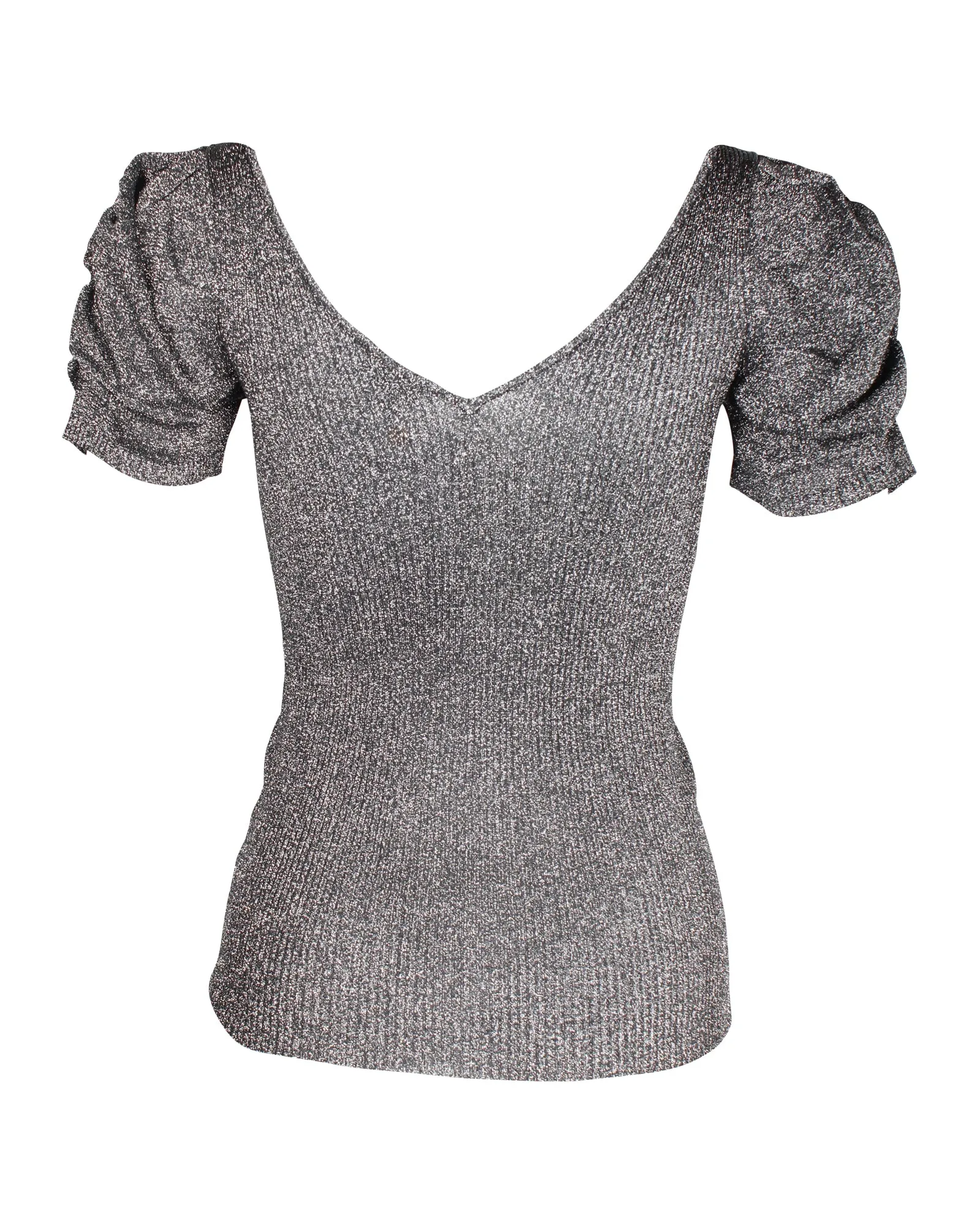 Sandro Metallic Puffed-Sleeved Stretch-Knit Top In Silver Polyester