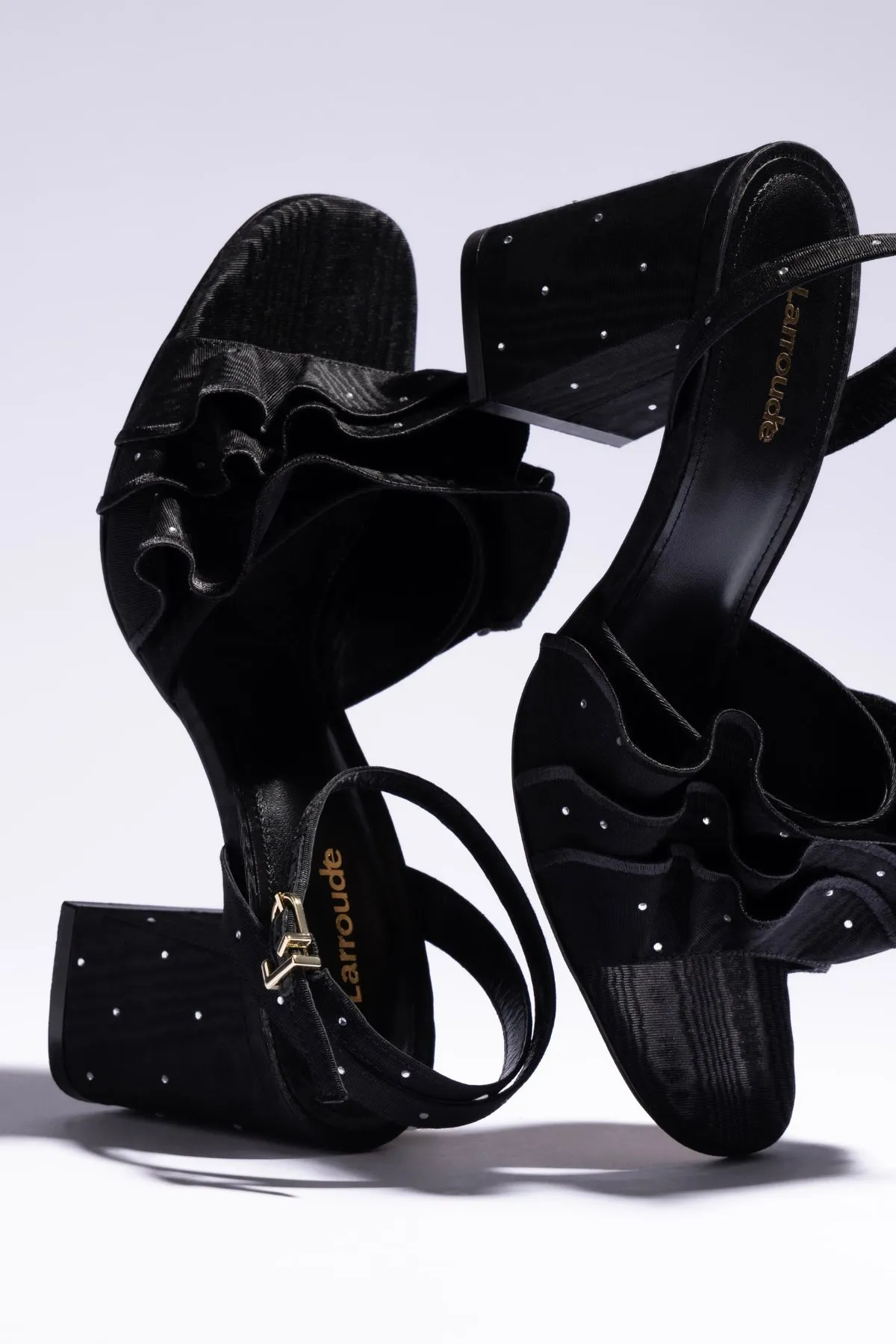 Selena Ruffle Sandal In Black Fabric and Crystals