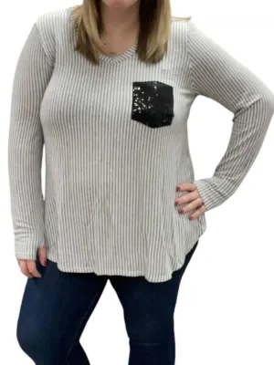 Sequin Pocket V-Neck Long Sleeve Tee In Grey