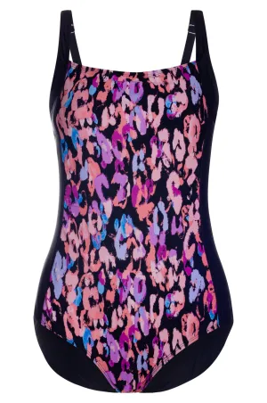 Square neck Swimsuit | Pink Blk Animal/Black | 0708YY