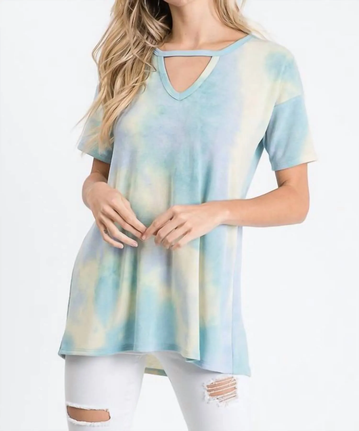 Tie Dye Keyhole Top - Plus In Blue/yellow