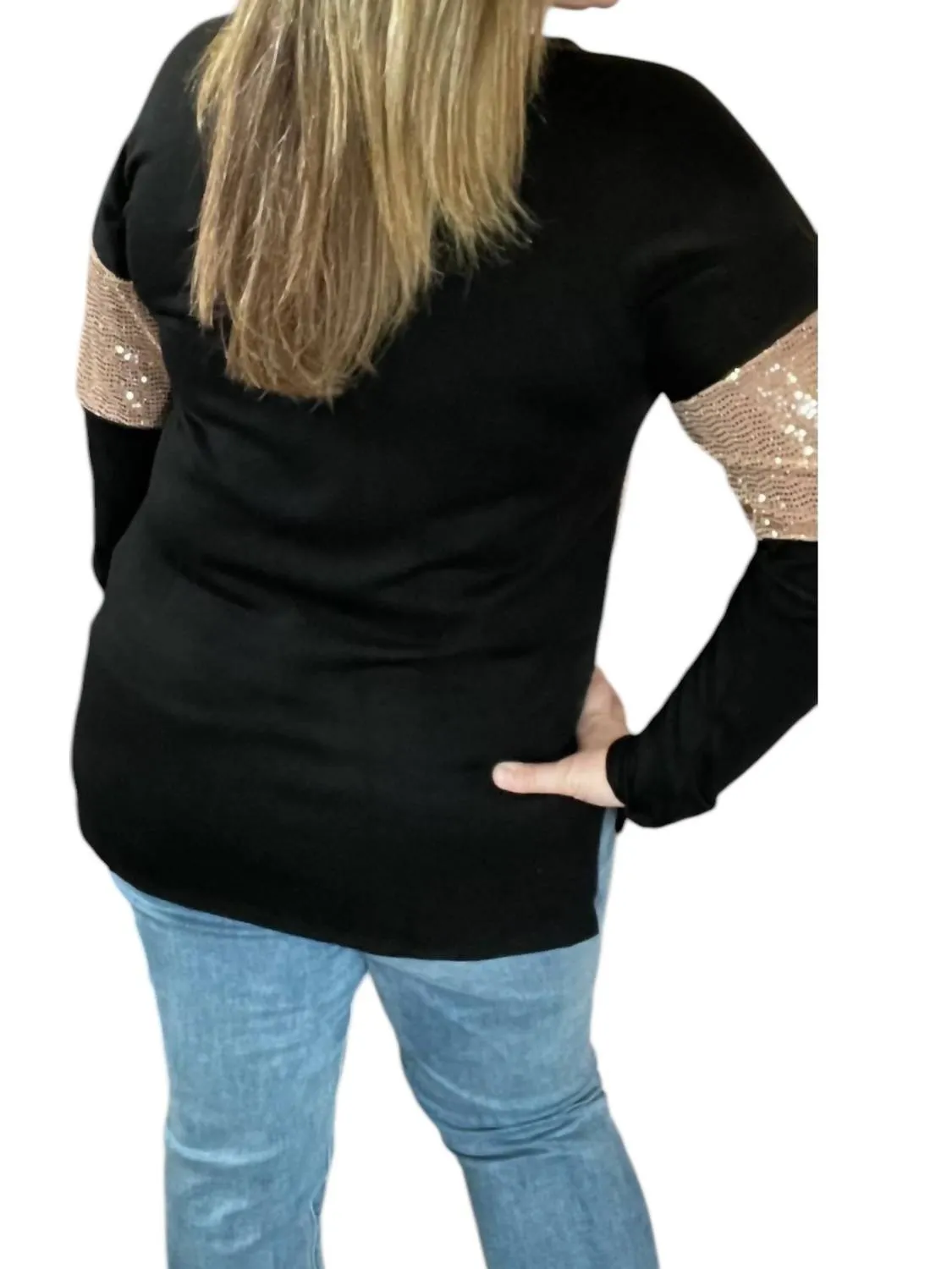 V-Neck Long Sleeve Top In Black/rose Gold