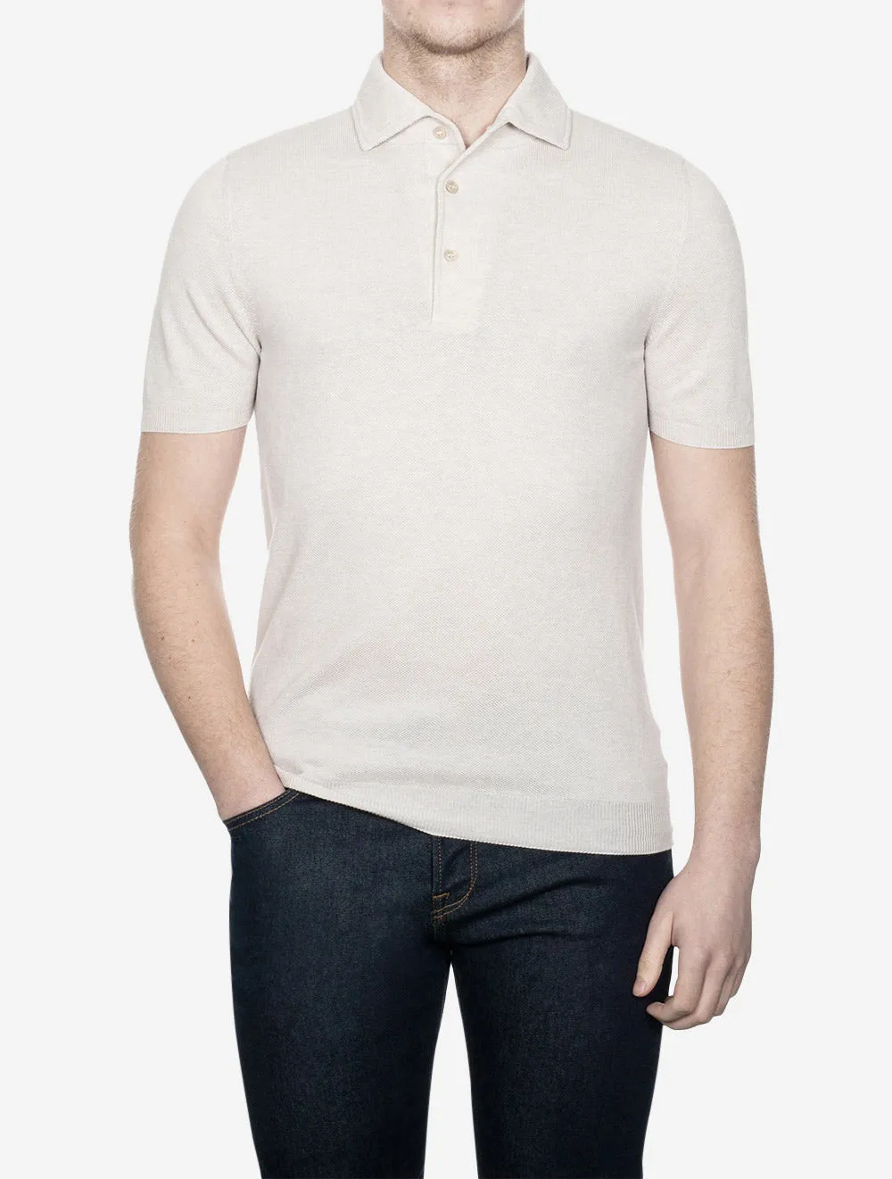 Weave Short Sleeve 3 Button Polo Beige