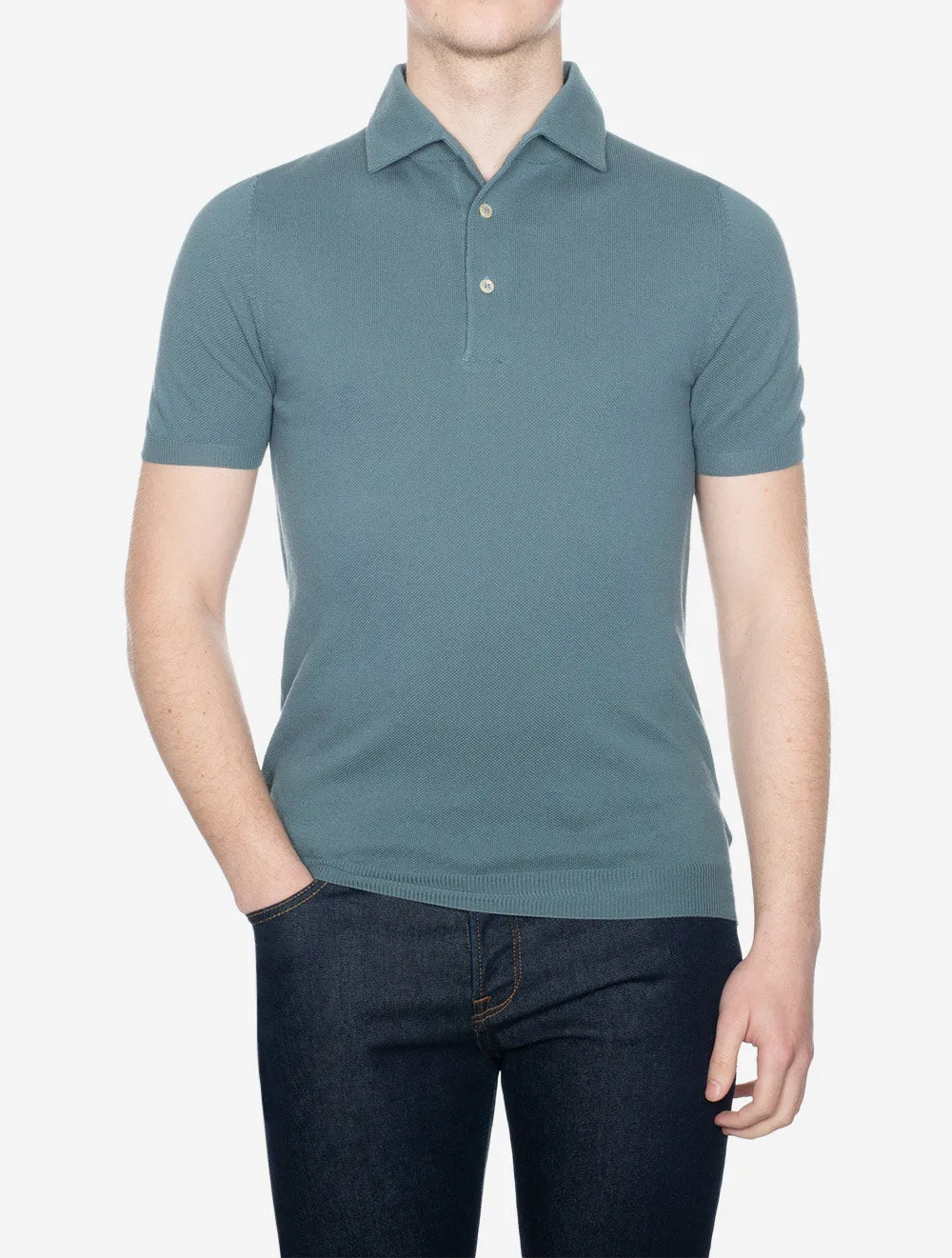 Weave Short Sleeve 3 Button Polo Green